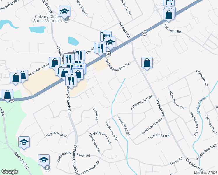 map of restaurants, bars, coffee shops, grocery stores, and more near 3747 Oakland Spring Court in Snellville