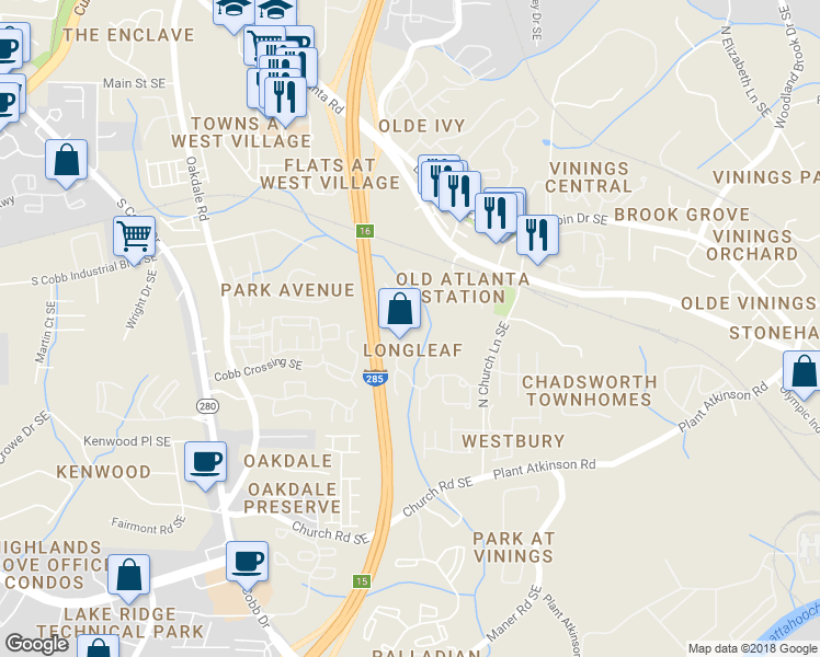 map of restaurants, bars, coffee shops, grocery stores, and more near 4757 Longcourt Drive in Atlanta