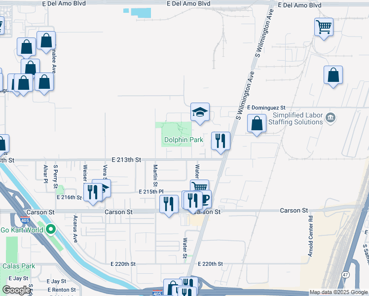 map of restaurants, bars, coffee shops, grocery stores, and more near 21205 Water Street in Carson