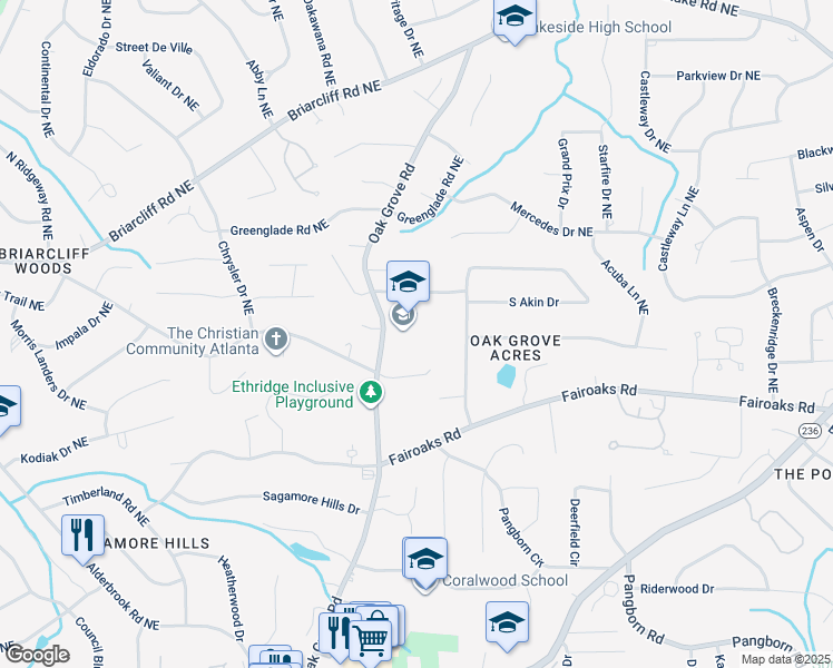 map of restaurants, bars, coffee shops, grocery stores, and more near 1857 Oak Grove Road Northeast in Atlanta