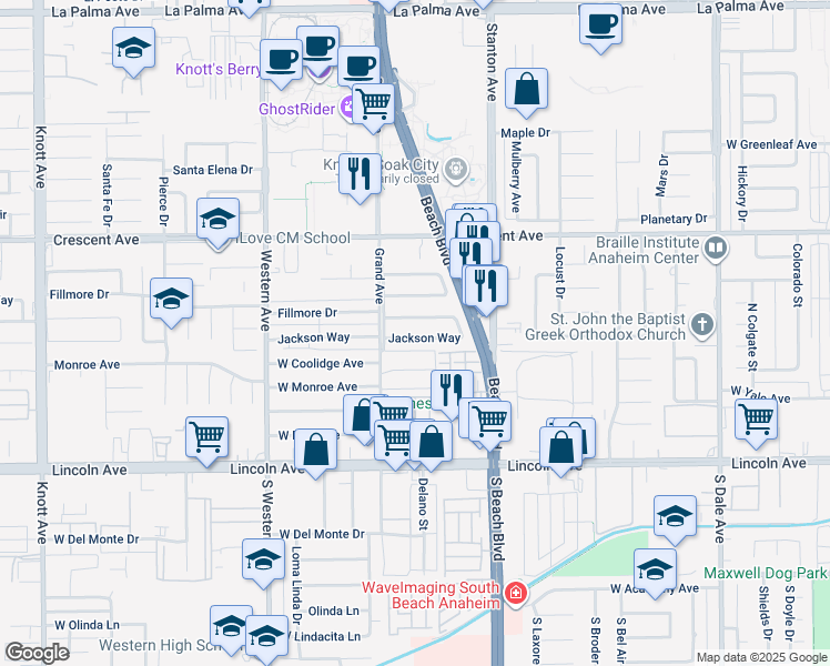 map of restaurants, bars, coffee shops, grocery stores, and more near 7950 Jackson Way in Buena Park