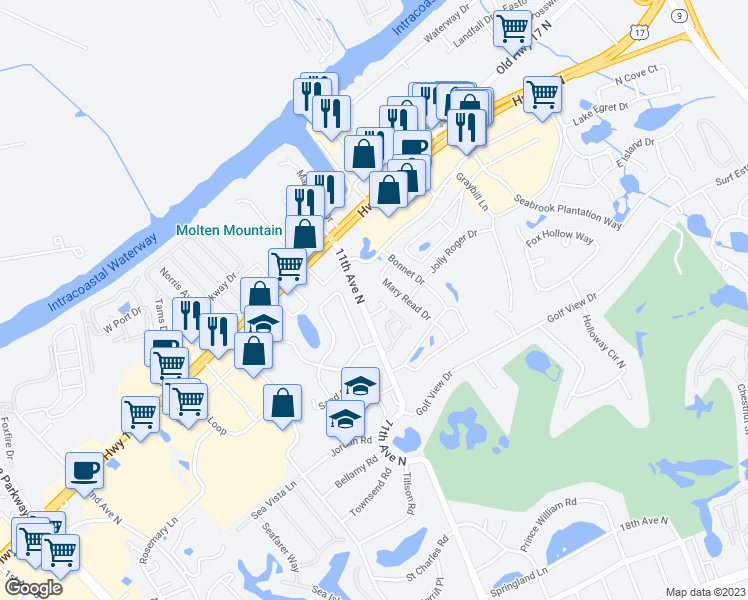 map of restaurants, bars, coffee shops, grocery stores, and more near 1019 Coral Reef Drive in North Myrtle Beach