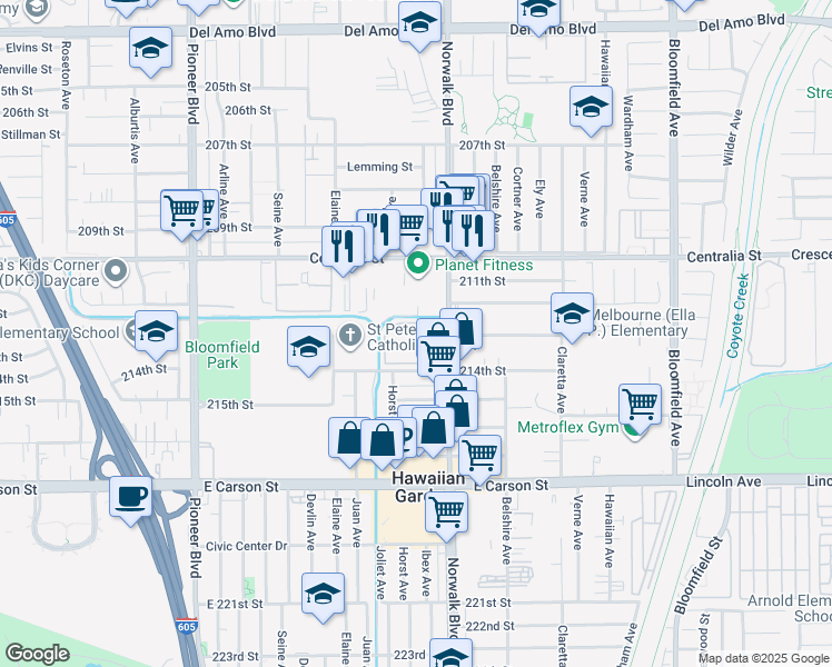 map of restaurants, bars, coffee shops, grocery stores, and more near 21301 Norwalk Boulevard in Hawaiian Gardens