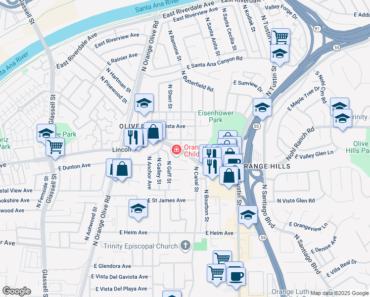 map of restaurants, bars, coffee shops, grocery stores, and more near 16661 Orange Avenue in Orange