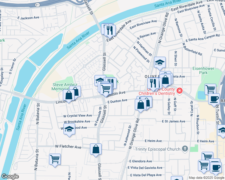 map of restaurants, bars, coffee shops, grocery stores, and more near 245 East Lincoln Avenue in Orange