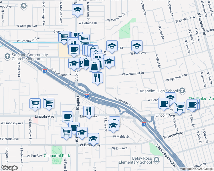 map of restaurants, bars, coffee shops, grocery stores, and more near 440 Euclid Street in Anaheim