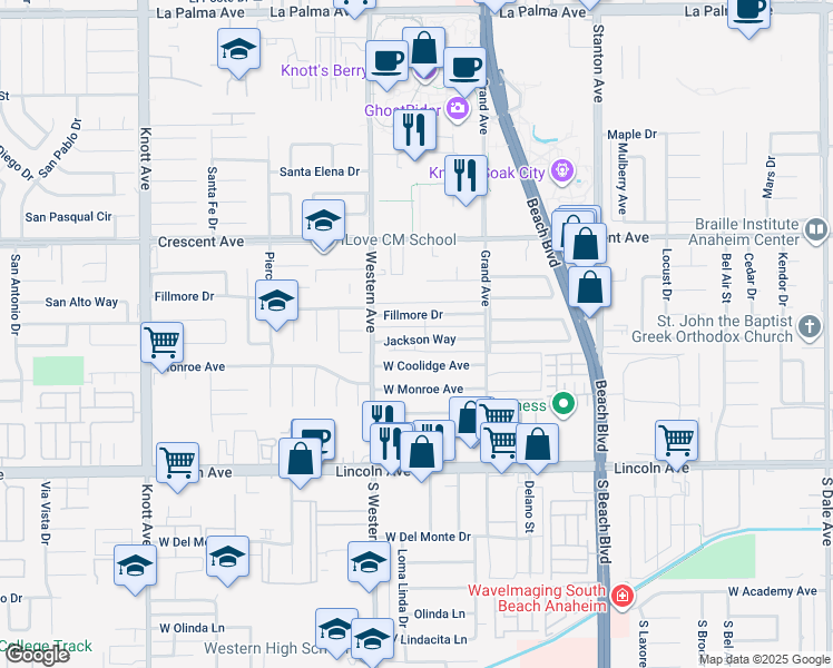 map of restaurants, bars, coffee shops, grocery stores, and more near 7595 Fillmore Drive in Buena Park