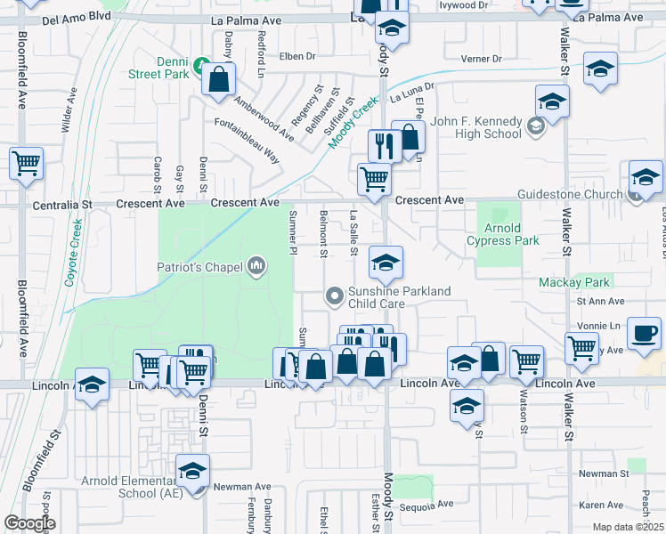 map of restaurants, bars, coffee shops, grocery stores, and more near 8622 Belmont Street in Cypress