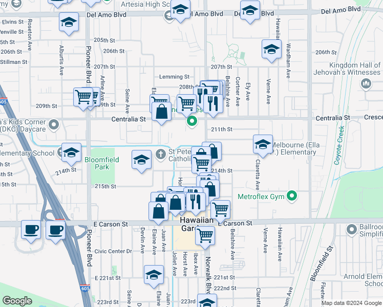 map of restaurants, bars, coffee shops, grocery stores, and more near 21301 Norwalk Boulevard in Hawaiian Gardens