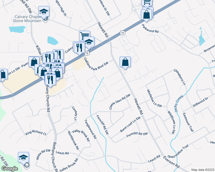 map of restaurants, bars, coffee shops, grocery stores, and more near 3804 Eli Drive Southwest in Snellville