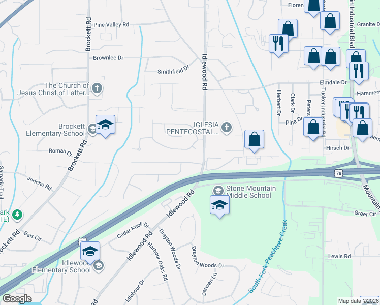 map of restaurants, bars, coffee shops, grocery stores, and more near 4239 Browning Chase Drive in Tucker