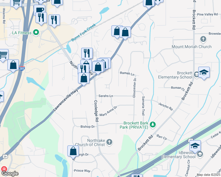 map of restaurants, bars, coffee shops, grocery stores, and more near 3718 Sheridan Street in Tucker