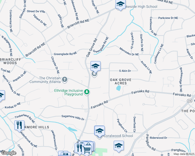 map of restaurants, bars, coffee shops, grocery stores, and more near 2489 Kirkland Drive Northeast in Atlanta