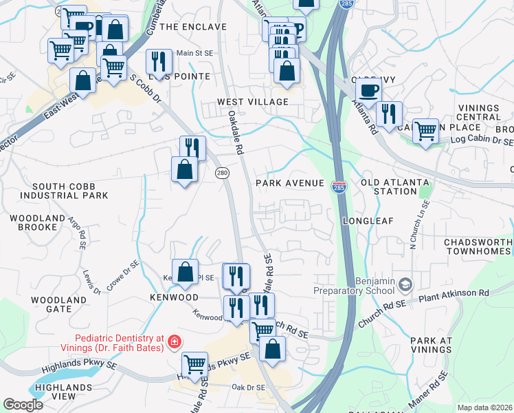map of restaurants, bars, coffee shops, grocery stores, and more near 4798 Terramond Lane Southeast in Smyrna