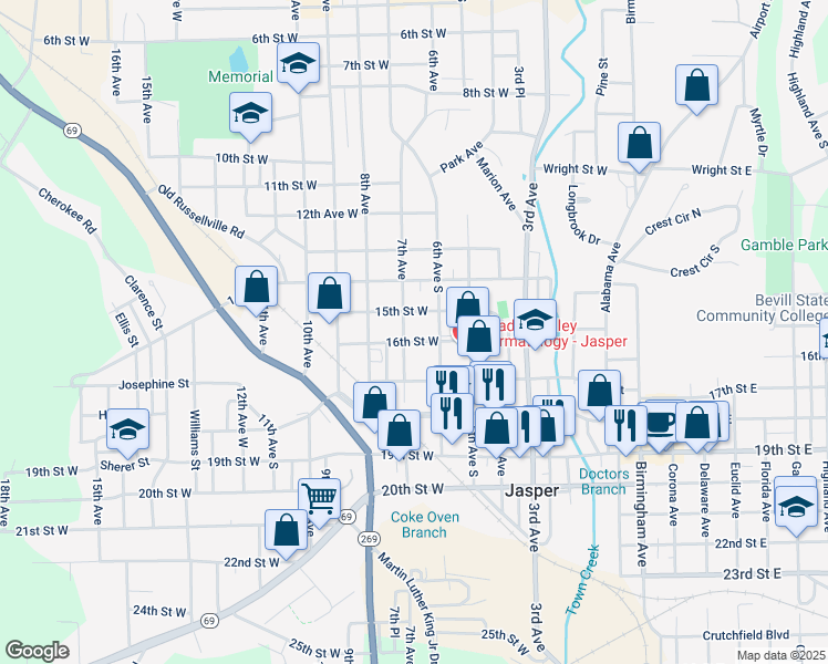 map of restaurants, bars, coffee shops, grocery stores, and more near 602 15th Street West in Jasper