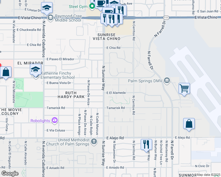 map of restaurants, bars, coffee shops, grocery stores, and more near 1721 East Tachevah Drive in Palm Springs