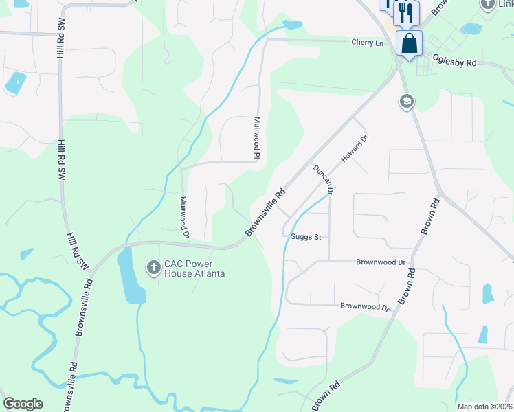 map of restaurants, bars, coffee shops, grocery stores, and more near 4852 Brownsville Road in Powder Springs