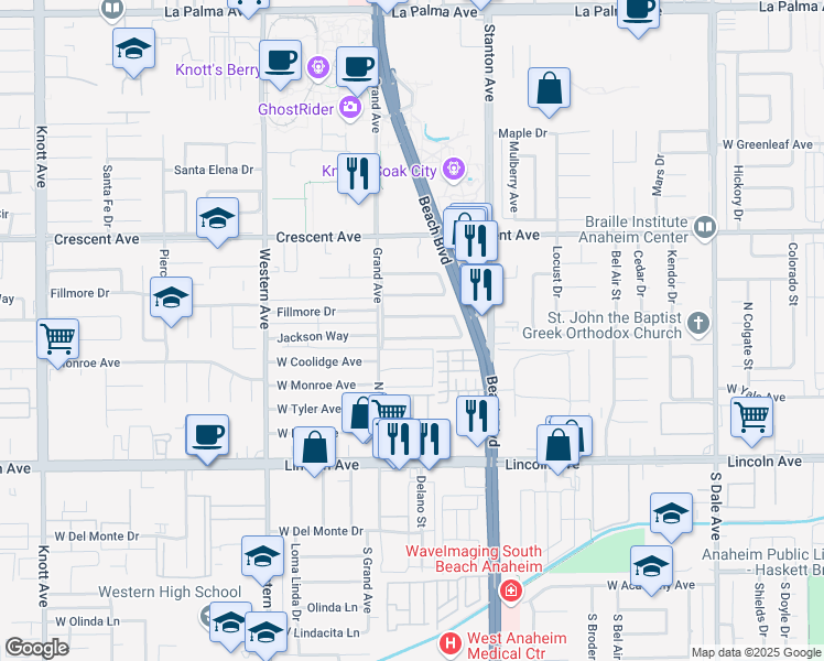map of restaurants, bars, coffee shops, grocery stores, and more near 7950 Jackson Way in Buena Park