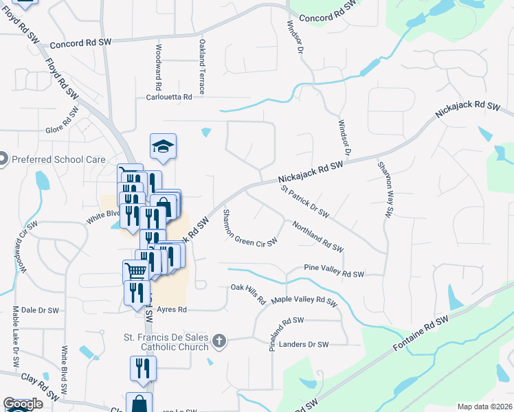 map of restaurants, bars, coffee shops, grocery stores, and more near 707 Shannon Green Circle Southwest in Mableton