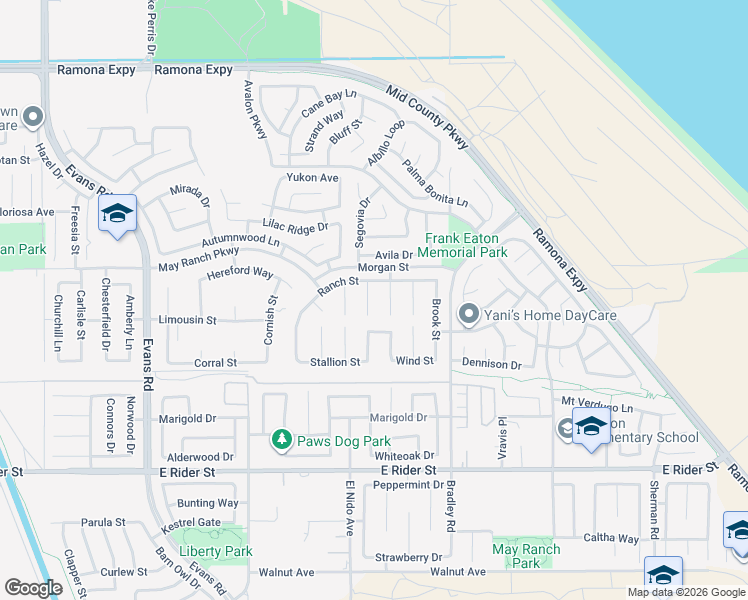 map of restaurants, bars, coffee shops, grocery stores, and more near 3557 Rolling Rock Court in Perris