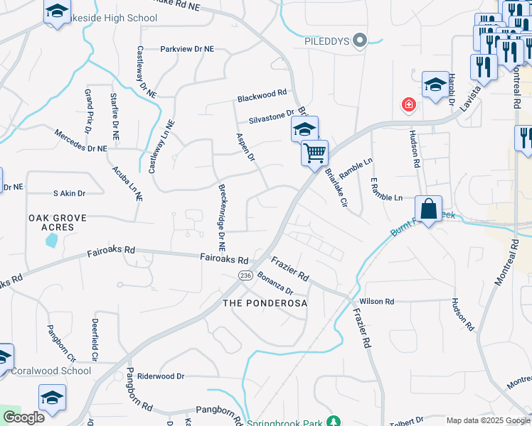 map of restaurants, bars, coffee shops, grocery stores, and more near 2855 Cedar Canyon Court Northeast in Atlanta
