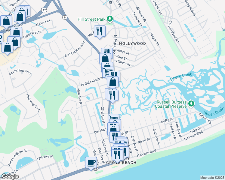 map of restaurants, bars, coffee shops, grocery stores, and more near 300 Sea Mountain Highway in North Myrtle Beach