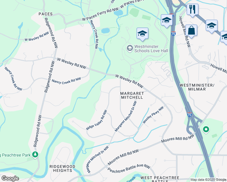 map of restaurants, bars, coffee shops, grocery stores, and more near 2979 Ridge Valley Road Northwest in Atlanta