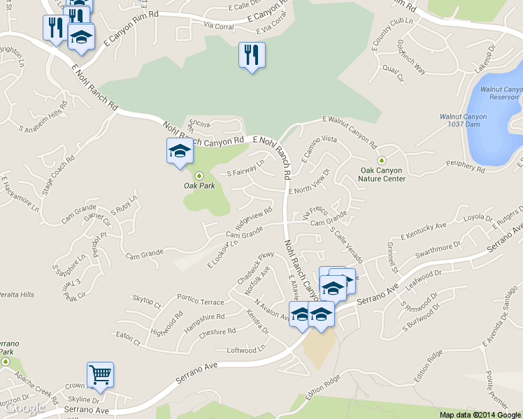 map of restaurants, bars, coffee shops, grocery stores, and more near 741 S Ridgeview Rd in Anaheim