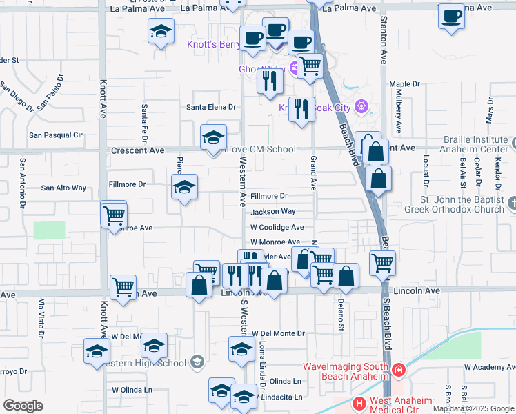 map of restaurants, bars, coffee shops, grocery stores, and more near 7545 Jackson Way in Buena Park