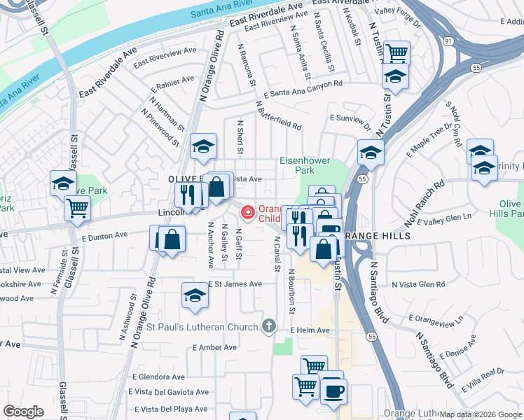map of restaurants, bars, coffee shops, grocery stores, and more near North Palm Street in Orange County