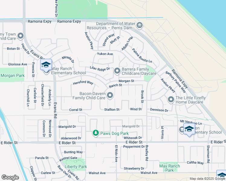 map of restaurants, bars, coffee shops, grocery stores, and more near 3554 Riverwalk Court in Perris
