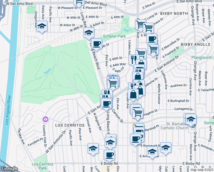 map of restaurants, bars, coffee shops, grocery stores, and more near 308 East 44th Street in Long Beach