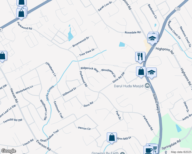 map of restaurants, bars, coffee shops, grocery stores, and more near 3280 Ridgerock Way in Snellville