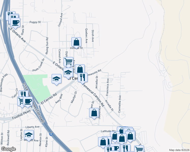map of restaurants, bars, coffee shops, grocery stores, and more near 7979 Minnesota Road in Corona