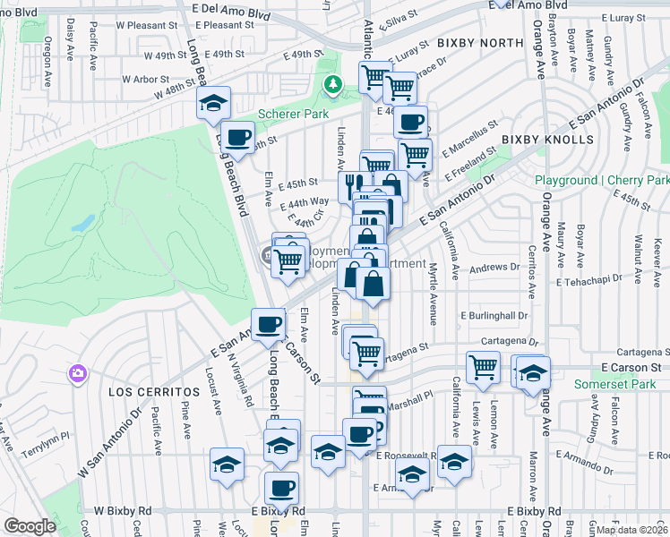 map of restaurants, bars, coffee shops, grocery stores, and more near 4403 Linden Avenue in Long Beach