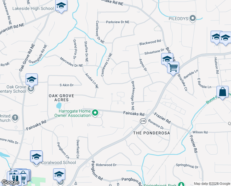 map of restaurants, bars, coffee shops, grocery stores, and more near 1826 Castleway Lane Northeast in Atlanta