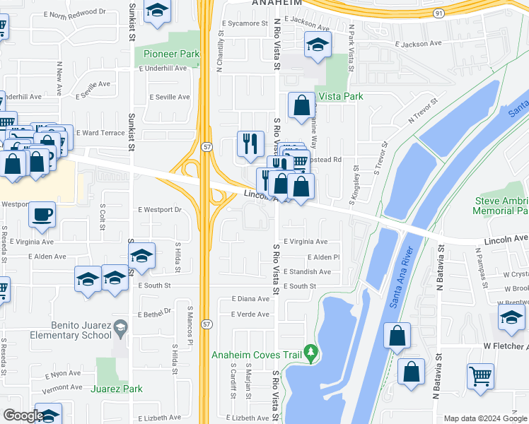 map of restaurants, bars, coffee shops, grocery stores, and more near 408 South Chatham Circle in Anaheim