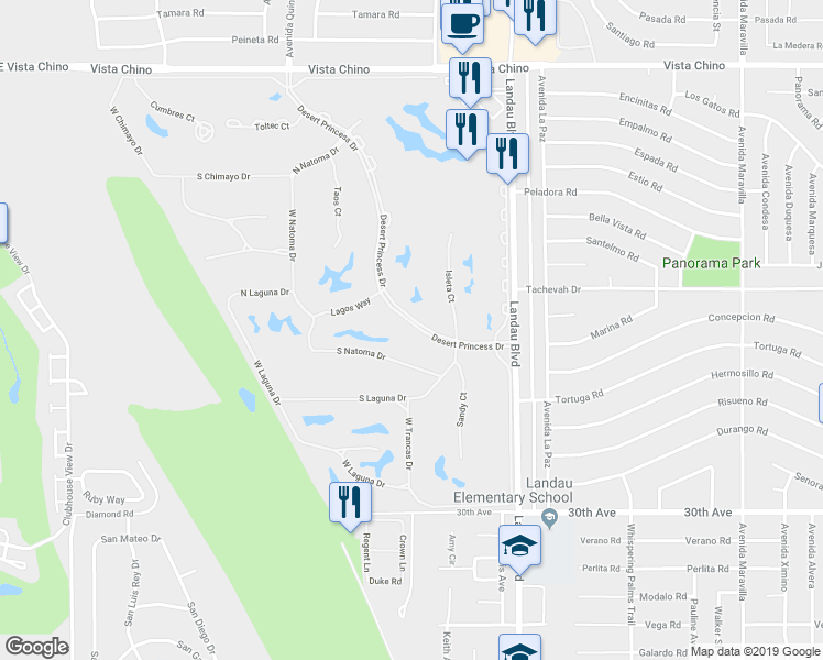 map of restaurants, bars, coffee shops, grocery stores, and more near 28997 Desert Princess Drive in Cathedral City