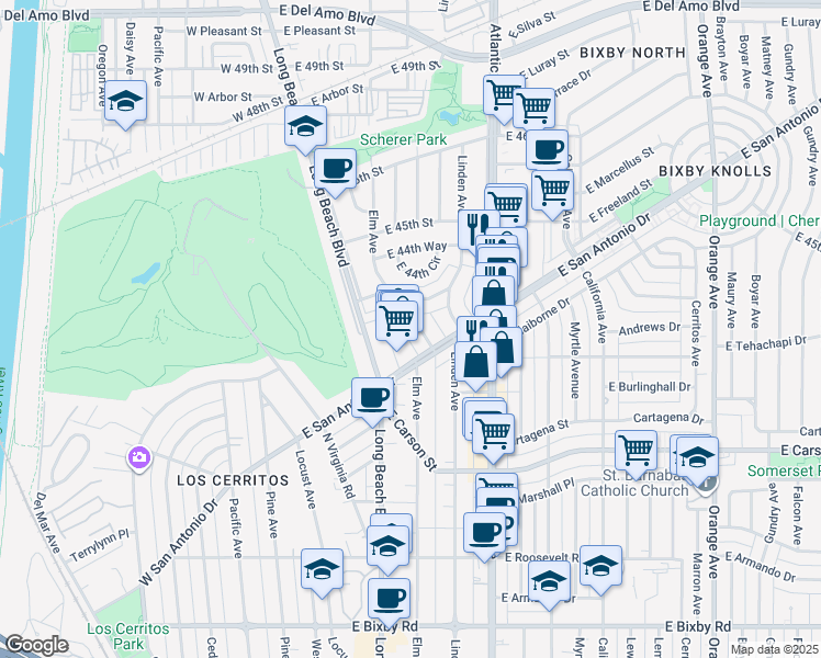 map of restaurants, bars, coffee shops, grocery stores, and more near 4333 Elm Avenue in Long Beach