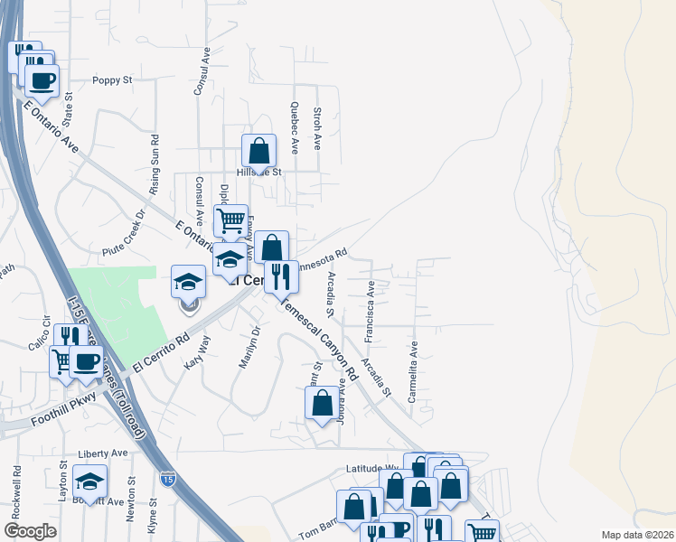 map of restaurants, bars, coffee shops, grocery stores, and more near 19530 Arcadia Street in Corona