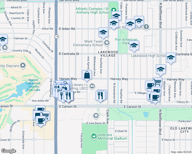 map of restaurants, bars, coffee shops, grocery stores, and more near 4903 Harvey Way in Long Beach