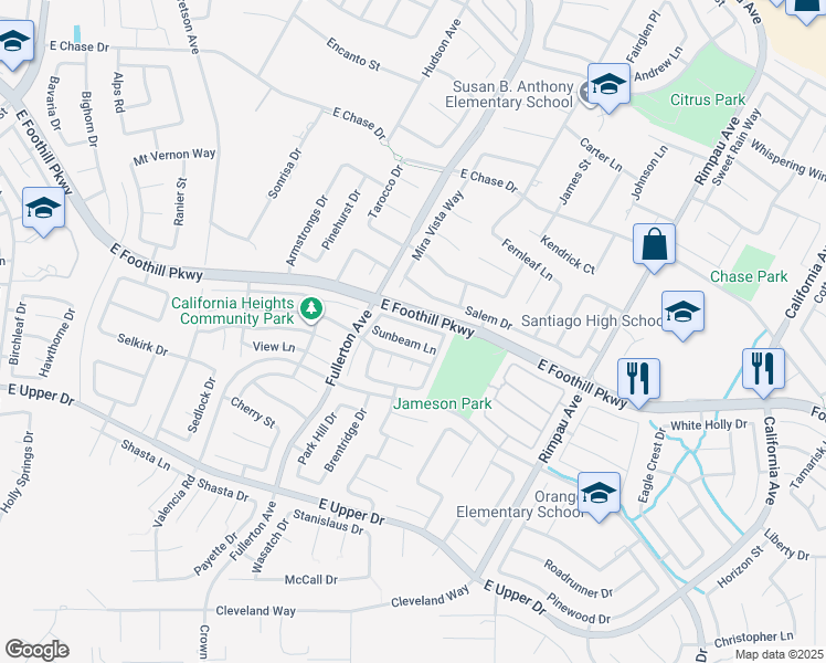 map of restaurants, bars, coffee shops, grocery stores, and more near 1050 Aurora Lane in Corona
