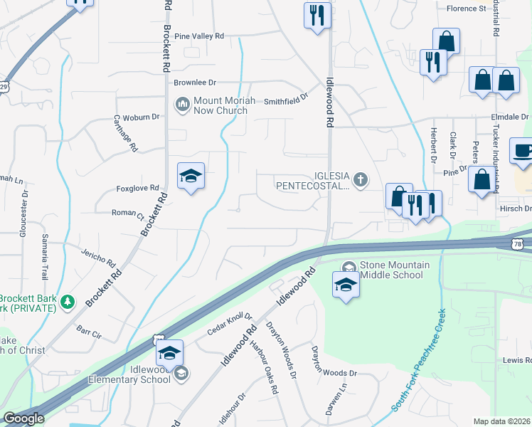 map of restaurants, bars, coffee shops, grocery stores, and more near 4171 Browning Chase Drive in Tucker