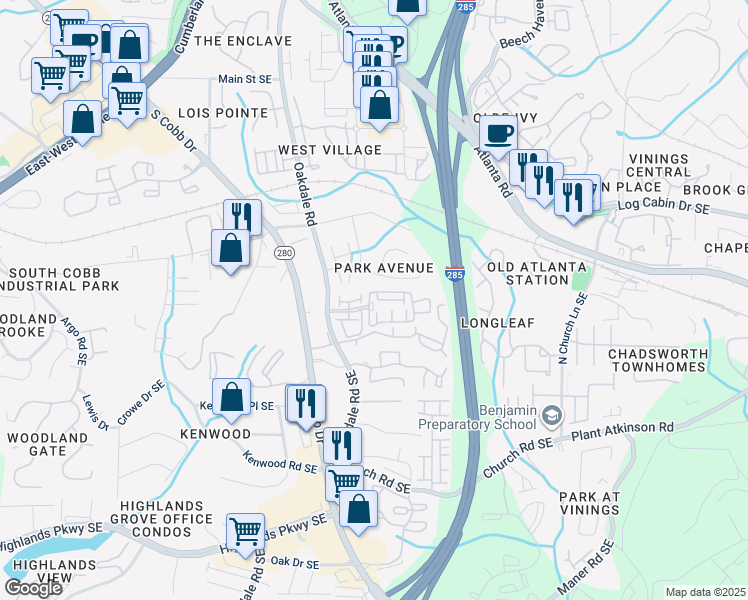 map of restaurants, bars, coffee shops, grocery stores, and more near 2402 Natoma Court Southeast in Smyrna