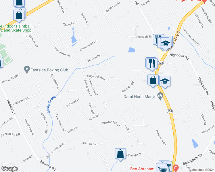 map of restaurants, bars, coffee shops, grocery stores, and more near 3240 Ridgerock Way in Snellville