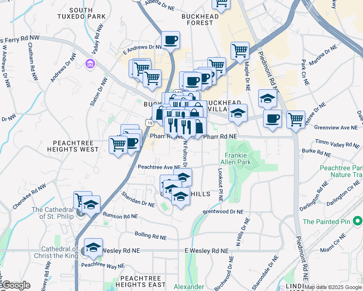 map of restaurants, bars, coffee shops, grocery stores, and more near 293 Pharr Road Northeast in Atlanta