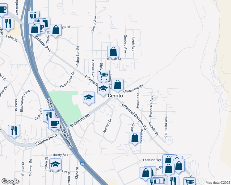 map of restaurants, bars, coffee shops, grocery stores, and more near 19530 East Ontario Avenue in Corona