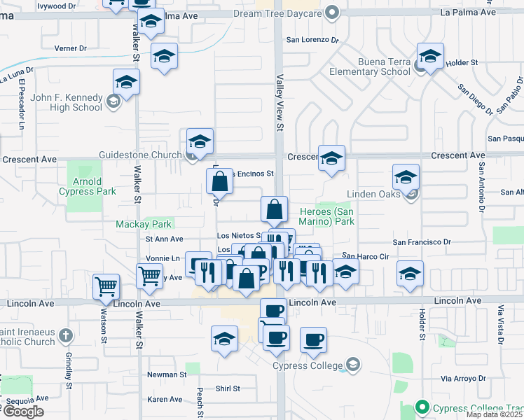map of restaurants, bars, coffee shops, grocery stores, and more near 5937 Los Ramos Circle in Buena Park