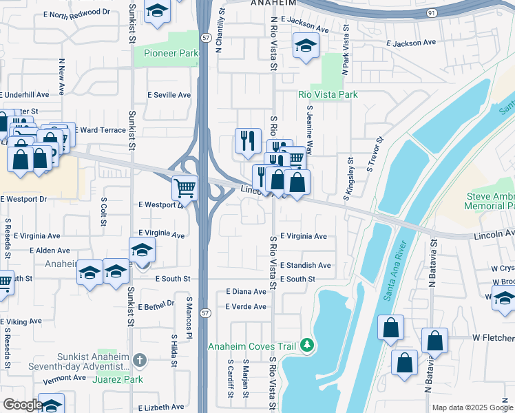 map of restaurants, bars, coffee shops, grocery stores, and more near 408 South Chatham Circle in Anaheim