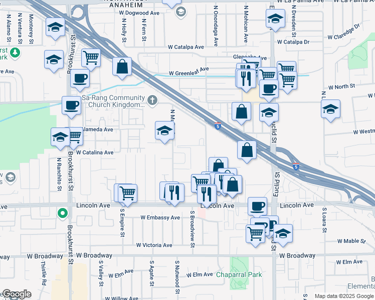 map of restaurants, bars, coffee shops, grocery stores, and more near 501 North Crescent Way in Anaheim